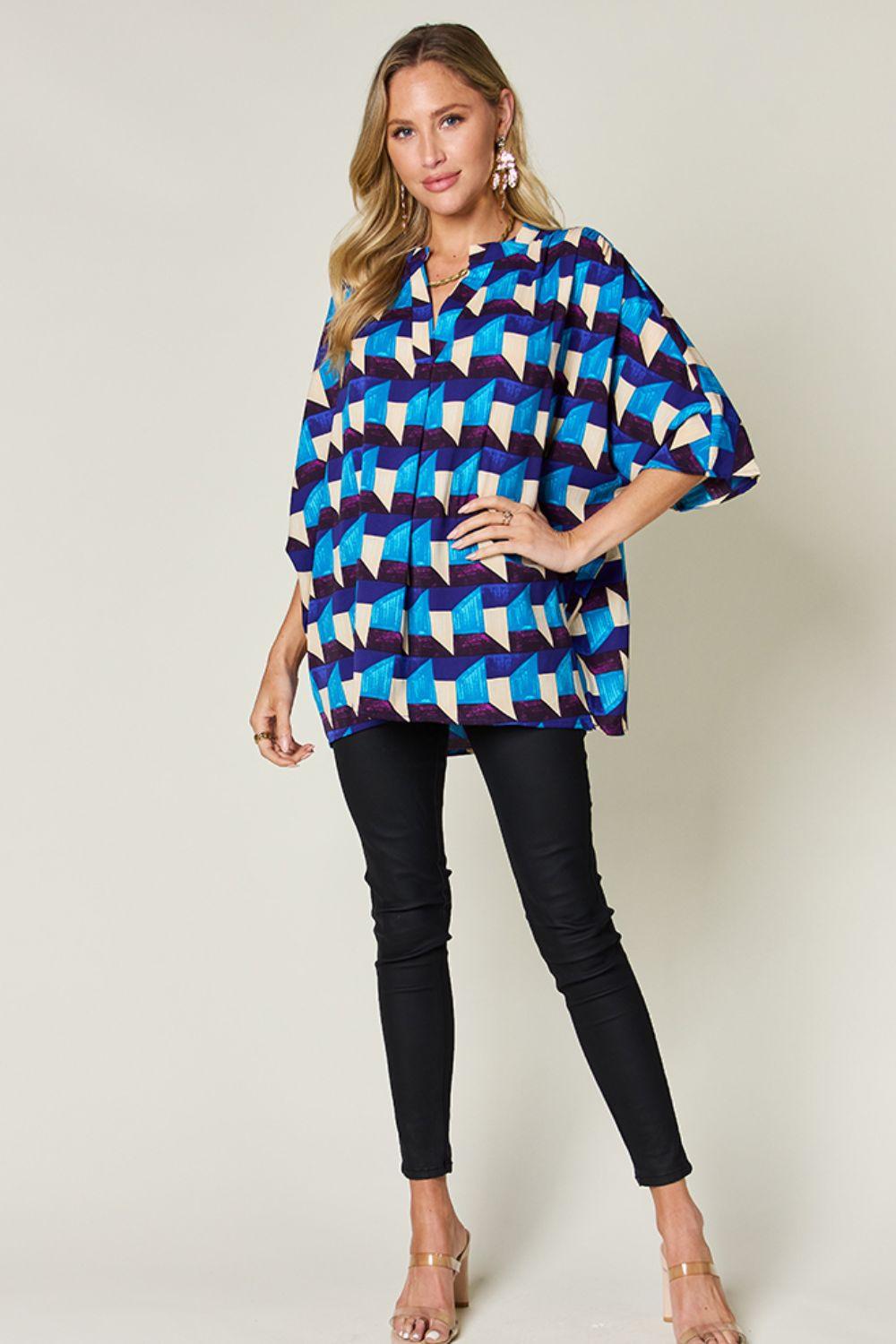 Double Take Full Size Geometric Notched Half Sleeve Blouse Carauana Store