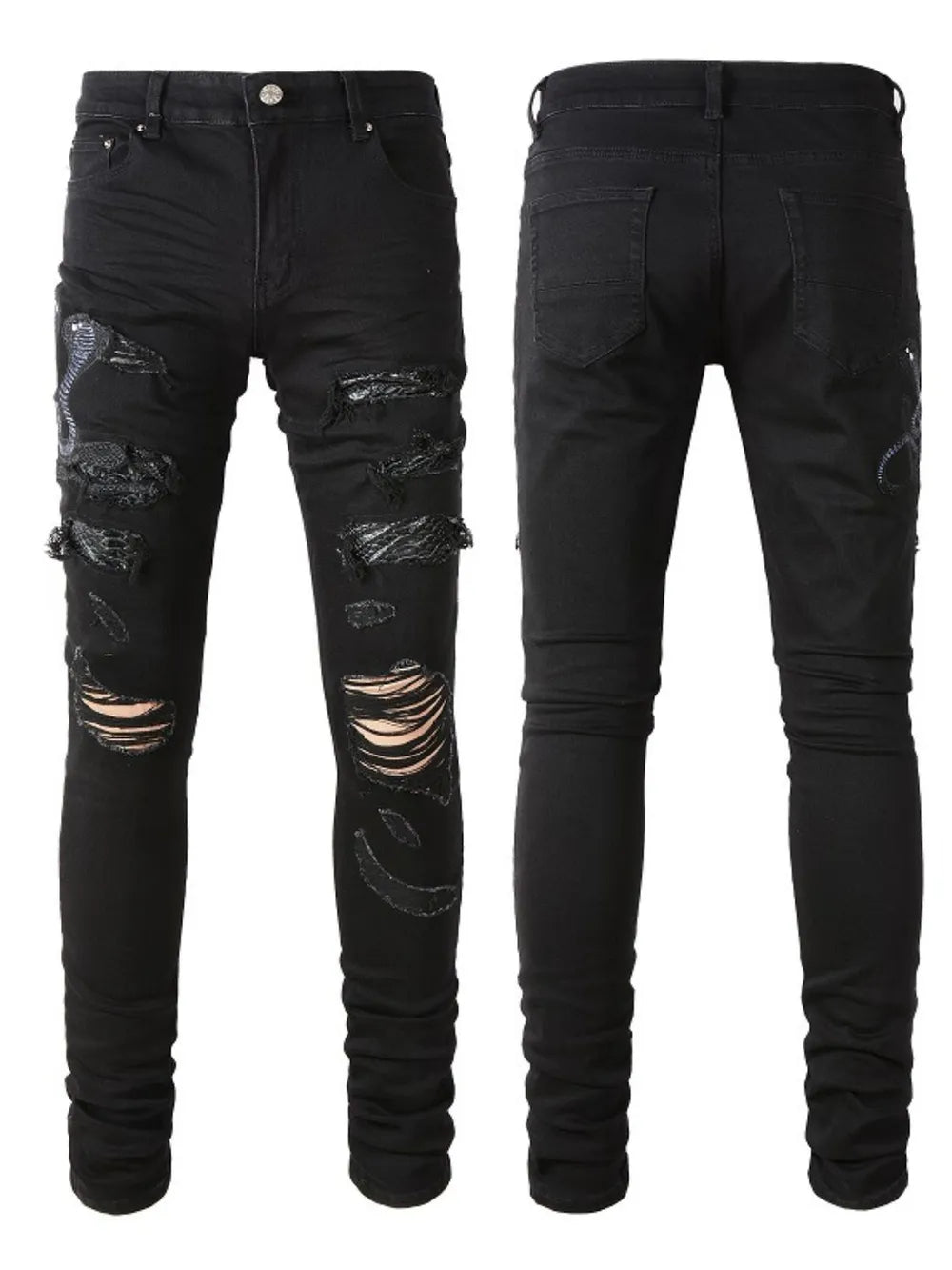 Men's Washed Snake Embroidered Slim Jeans Carauana Store