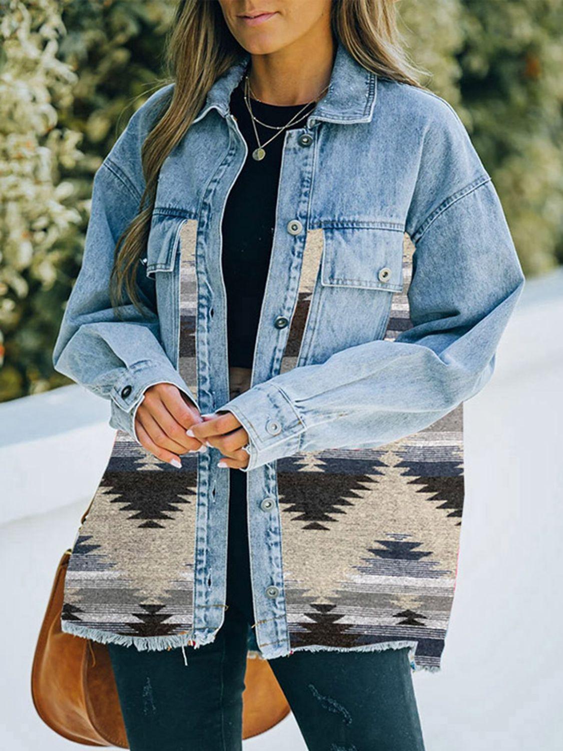 Collared Neck Dropped Shoulder Denim Jacket Carauana Store