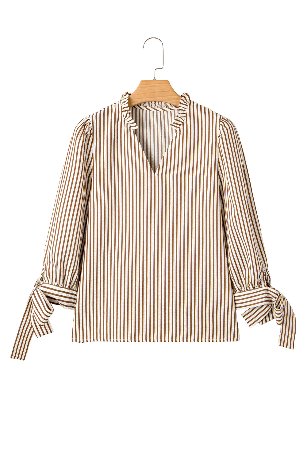 Straw Yellow Striped Print Tied Cuffs Split Neck Seersucker Blouse