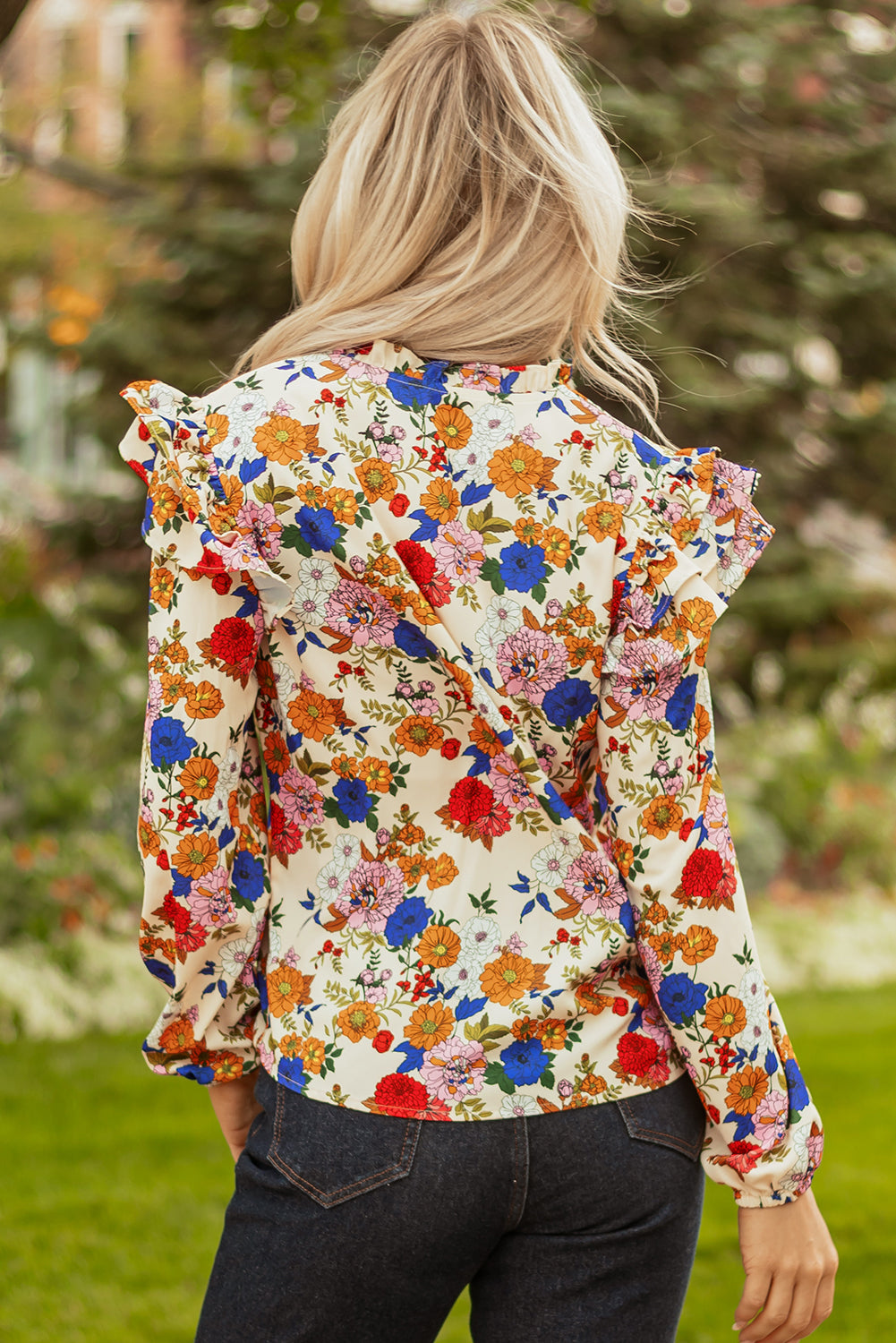 Apricot Ruffled Shoulder Long Sleeve Floral Blouse