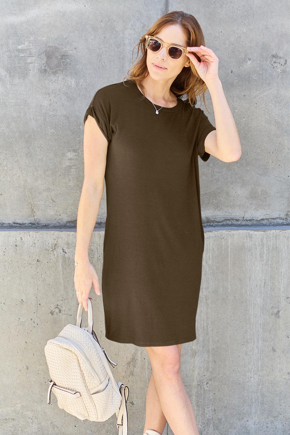 Basic Bae Full Size Round Neck Short Sleeve Dress with Pockets Carauana Store
