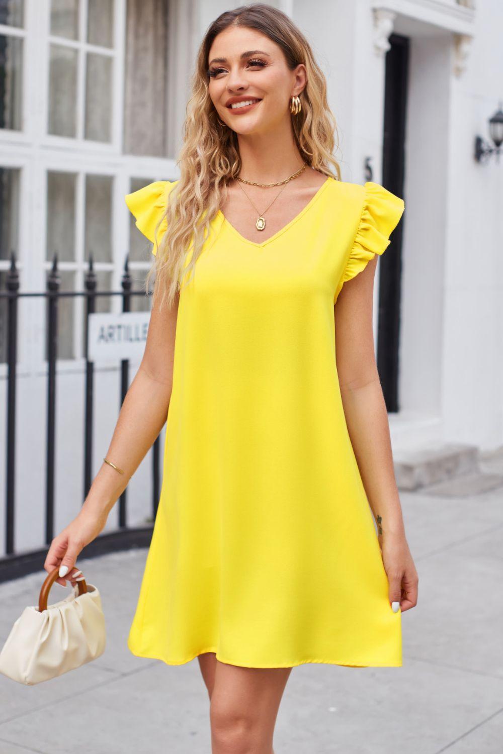 Ruffled V-Neck Flutter Sleeve Dress Carauana Store