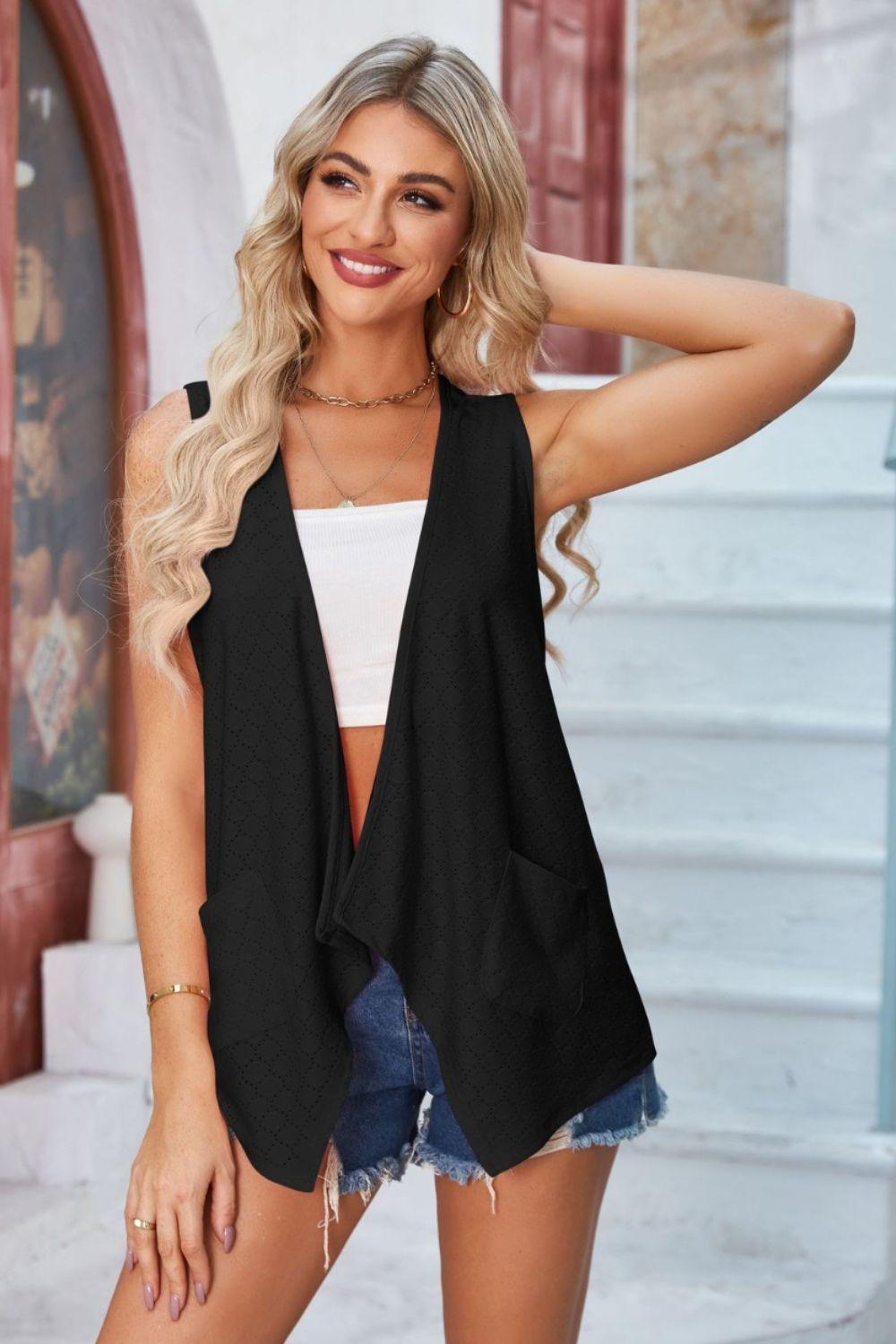 Eyelet Open Front Sleeveless Cardigan Carauana Store