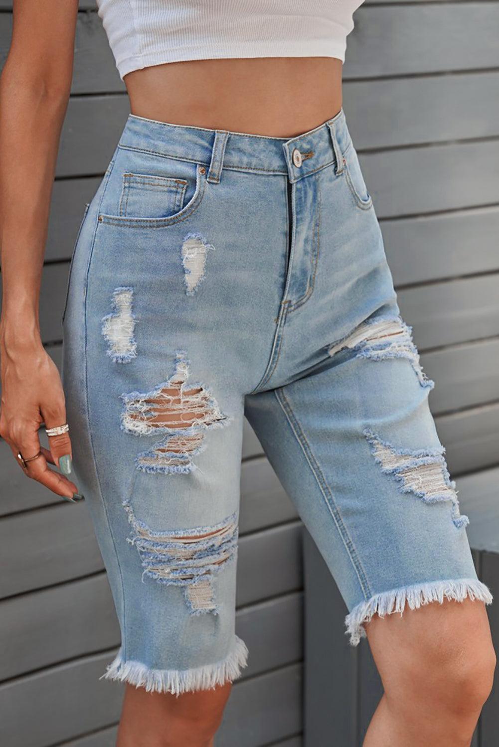 Distressed Raw Hem Denim Bermuda Shorts Carauana Store