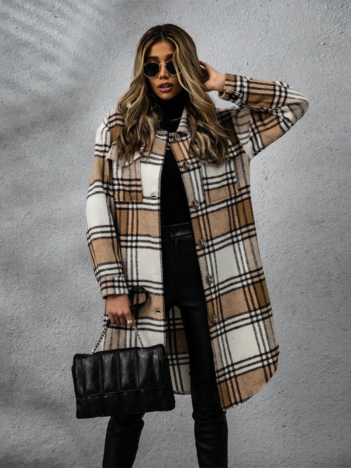 Plaid Collared Neck Long Sleeve Coat Carauana Store