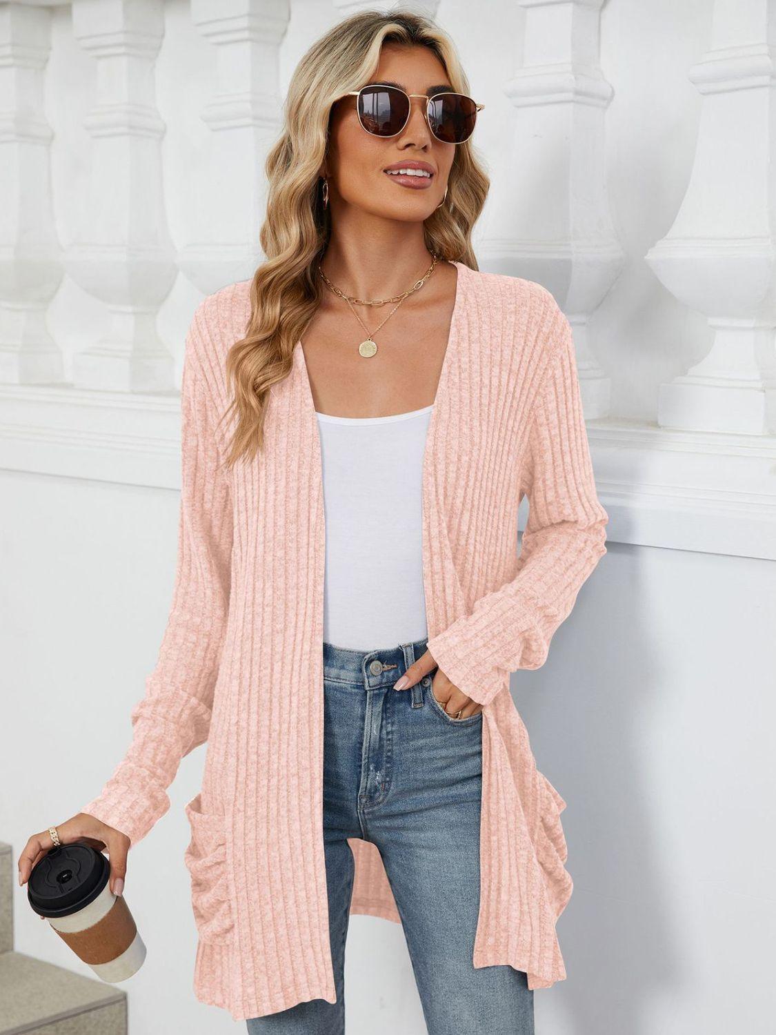 Pocketed Open Front Long Sleeve Cardigan Carauana Store