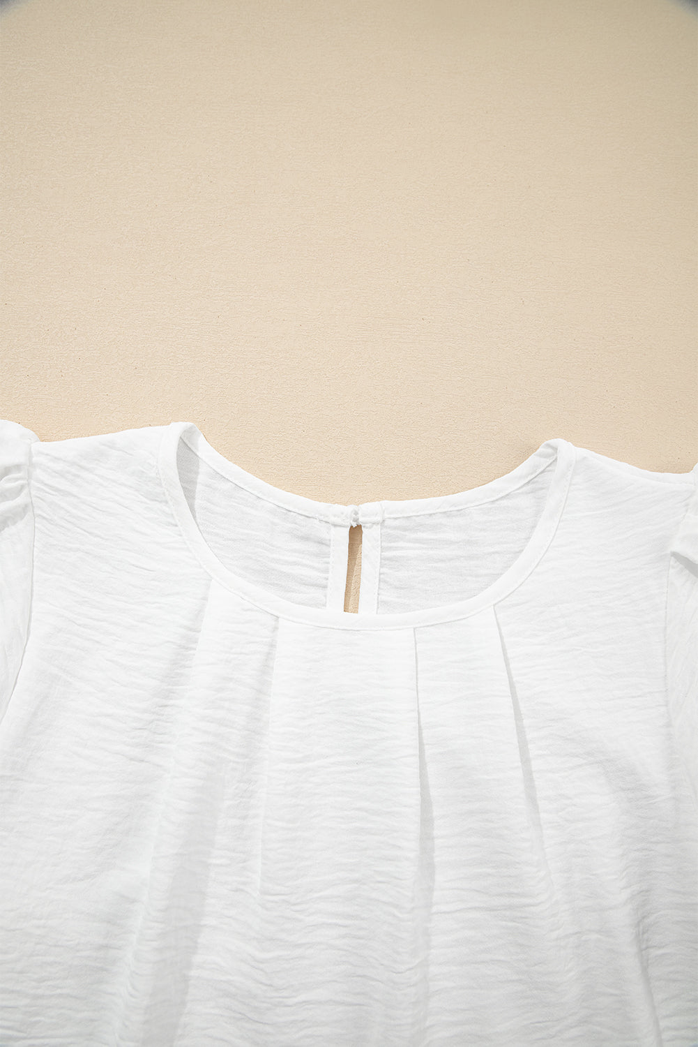 White Flounce Sleeve Pleated Textured Blouse