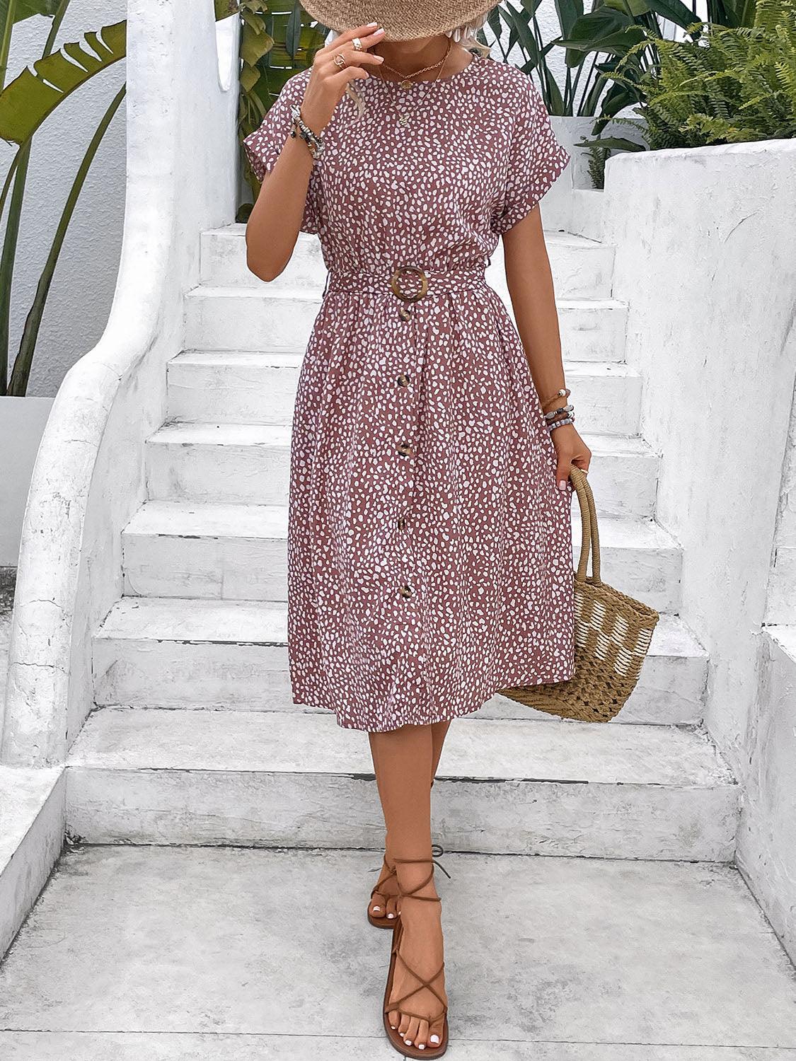 Printed Round Neck Short Sleeve Dress Carauana Store