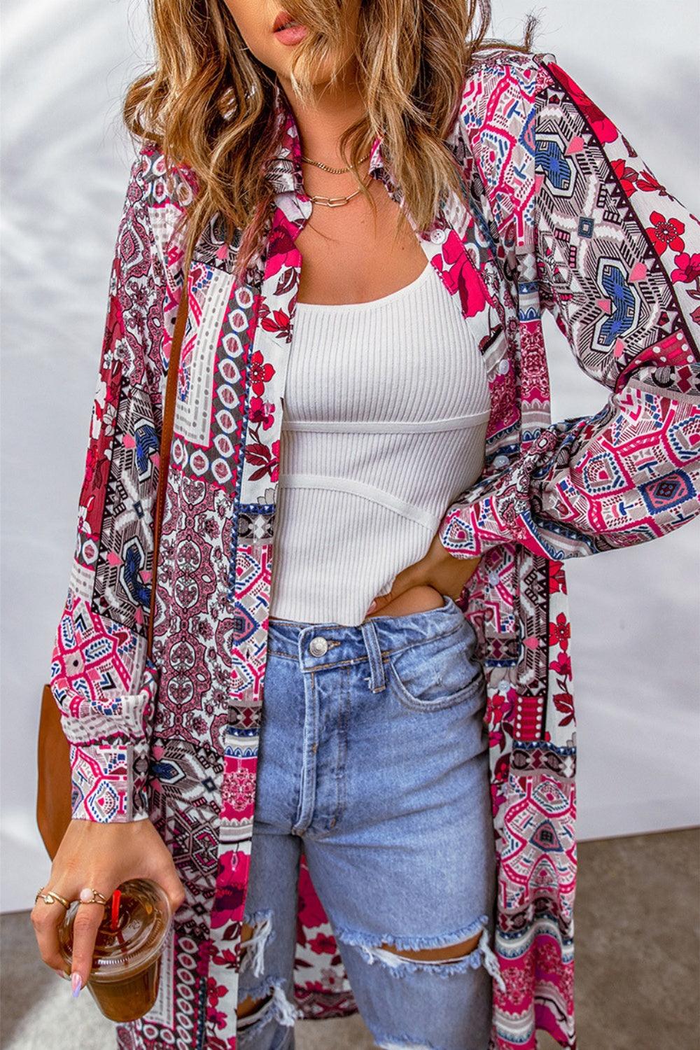 Printed Button Up Long Sleeve Cardigan Carauana Store