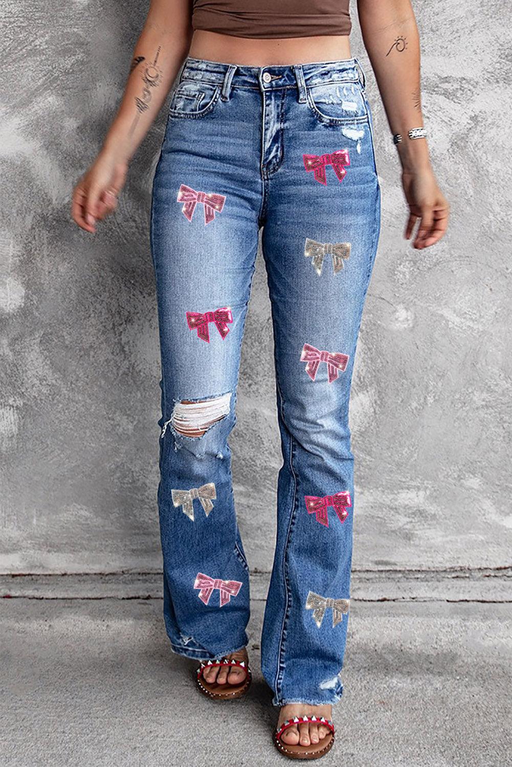 Sequin Bow Distressed Bootcut Jeans Carauana Store