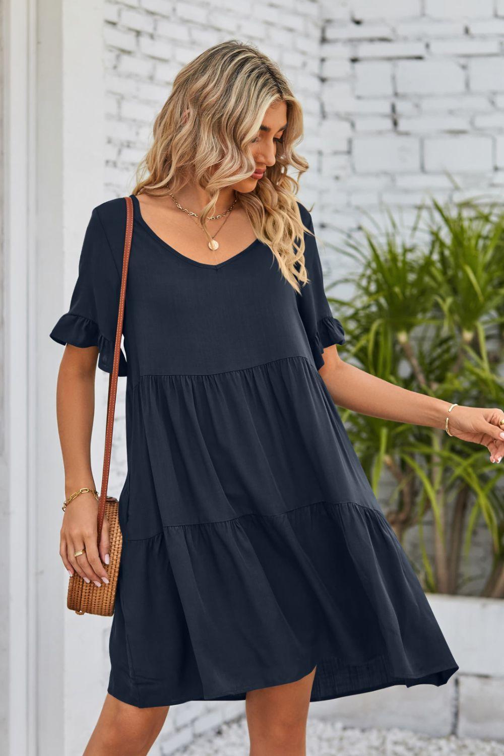 V-Neck Flounce Sleeve Tiered Dress Carauana Store