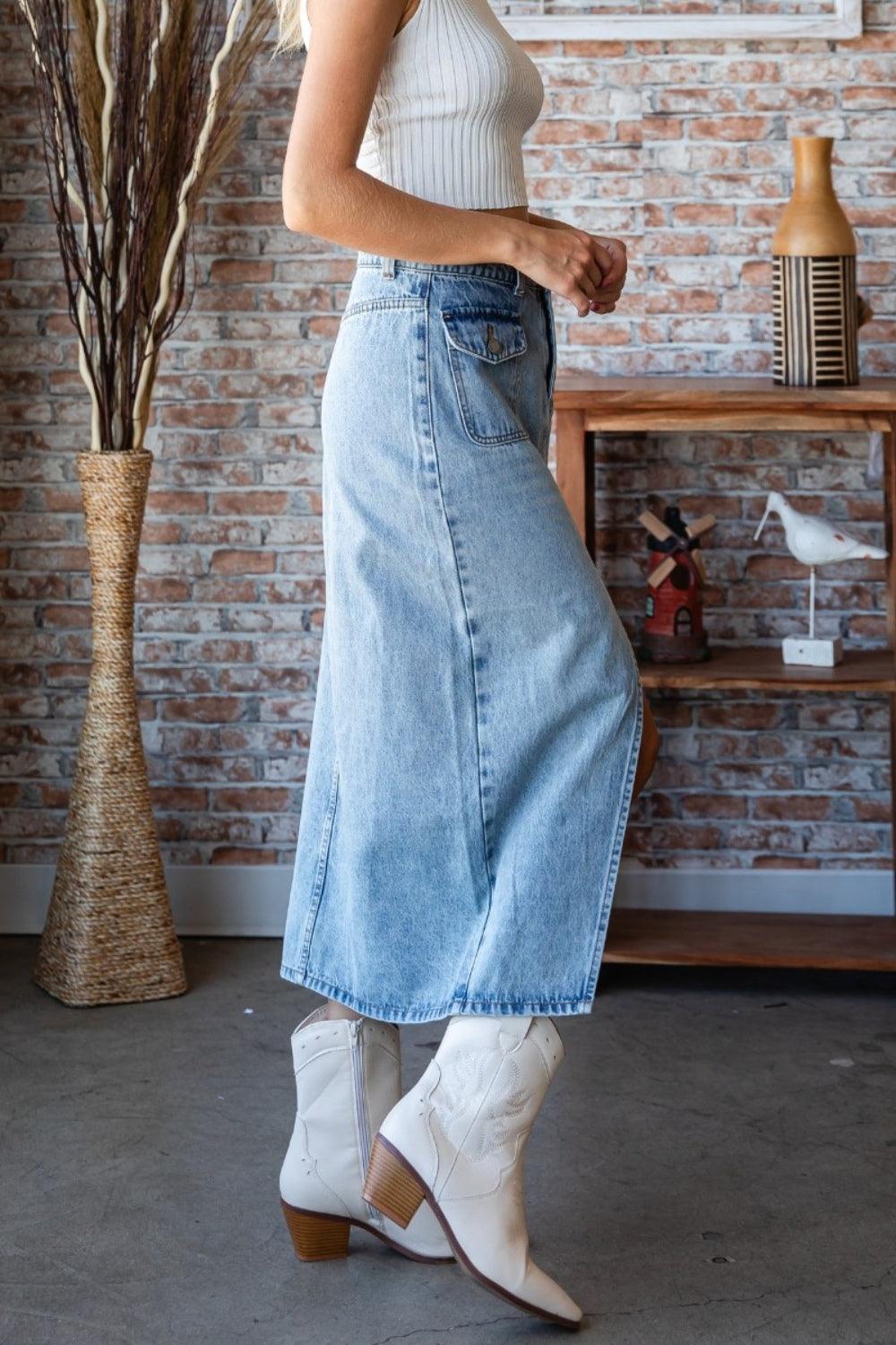 Veveret Slit Mid Rise Waist Denim Skirt Carauana Store