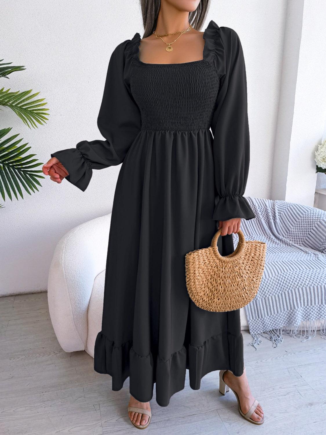 Smocked Square Neck Flounce Sleeve Dress Carauana Store