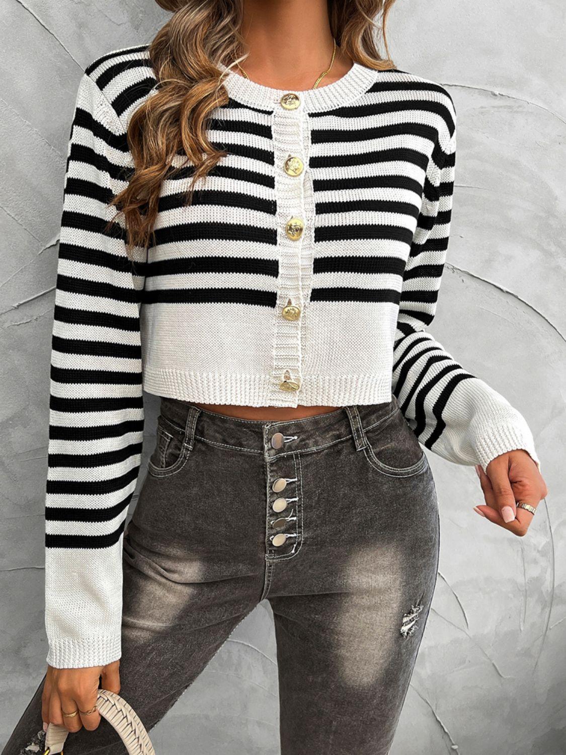 Devine Striped Round Neck Button Down Cardigan Carauana Store
