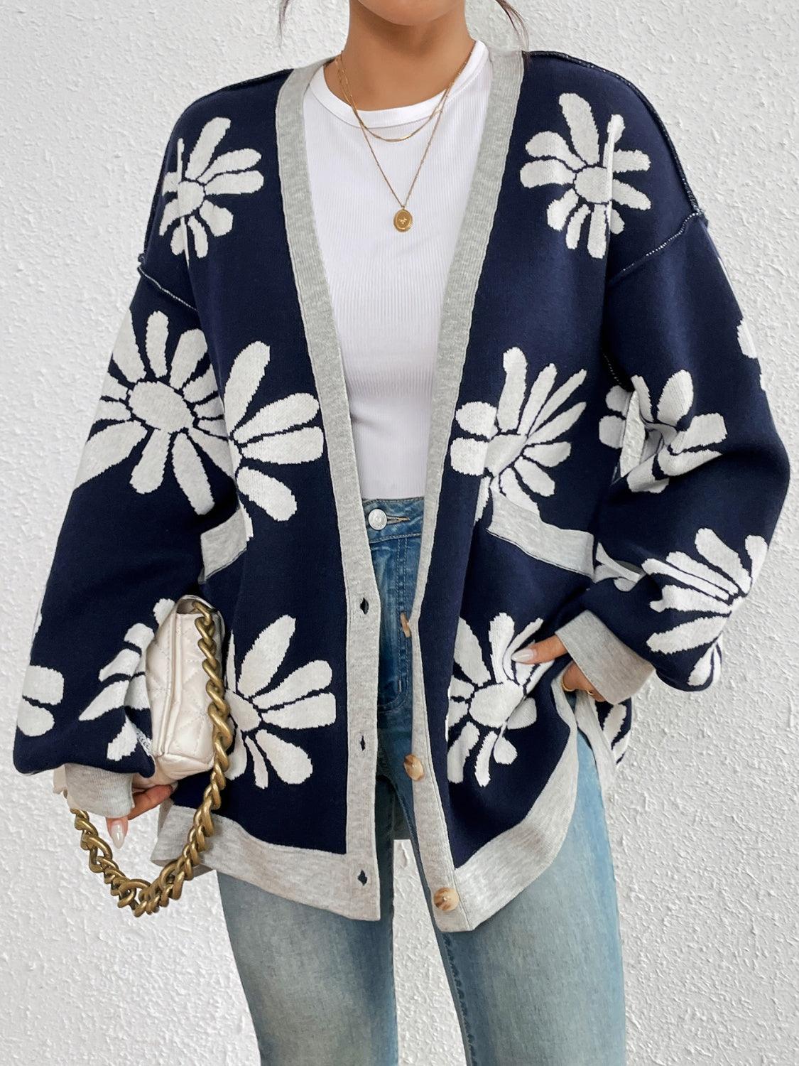 Contrast Dropped Shoulder Long Sleeve Cardigan Carauana Store