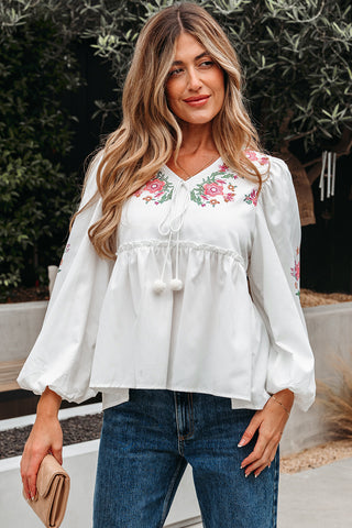 White Flower Print Lace-up V Neck Babydoll Blouse