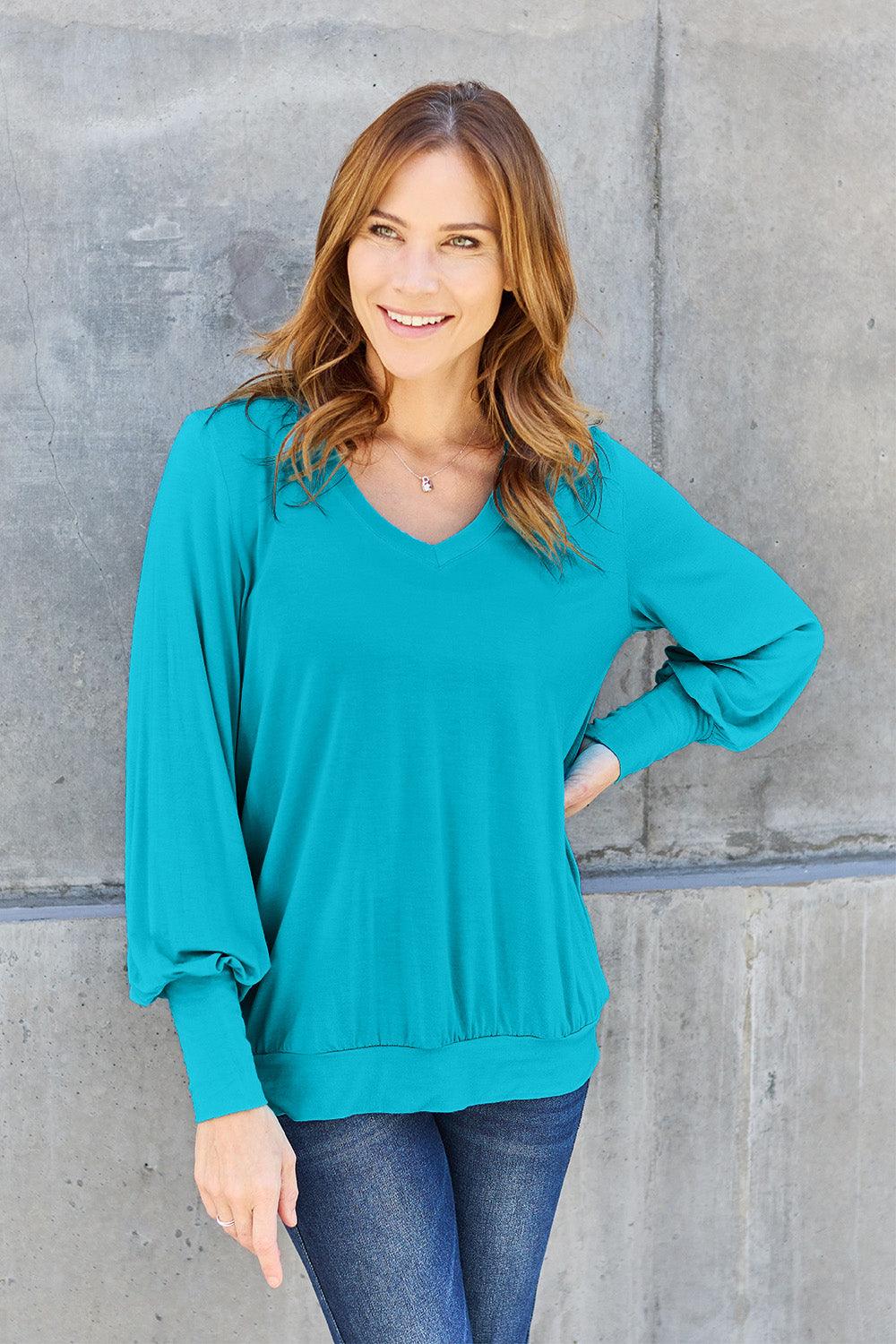 Basic Bae Full Size V-Neck Lantern Sleeve Blouse Carauana Store