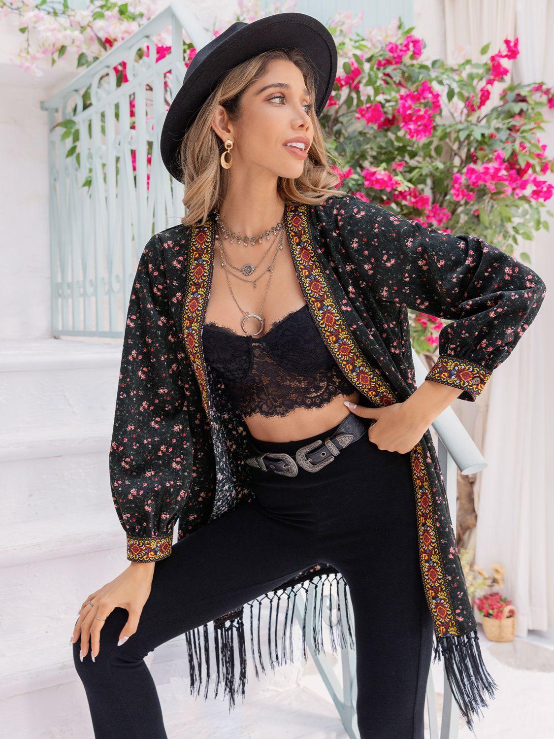 Printed Fringe Detail Cardigan Carauana Store