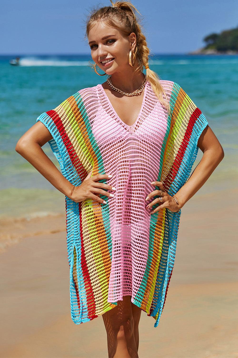 Double Take Openwork Striped Slit Knit Cover Up Carauana Store