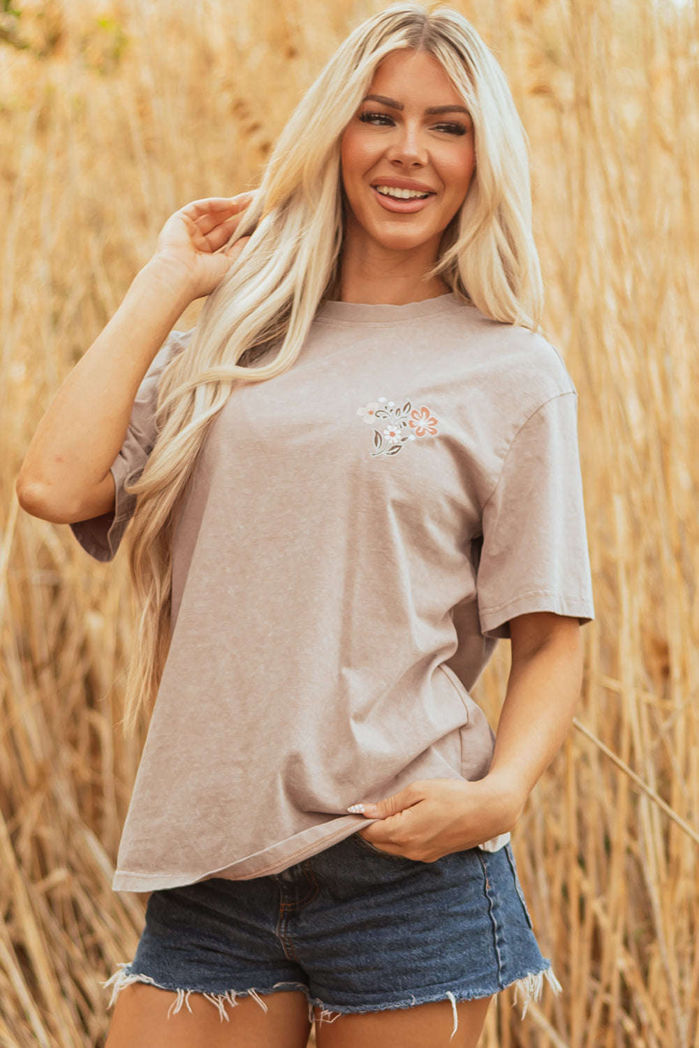 Smoke Gray Mineral Wash Floral Steer Head Printed Back Western Fashion Tee