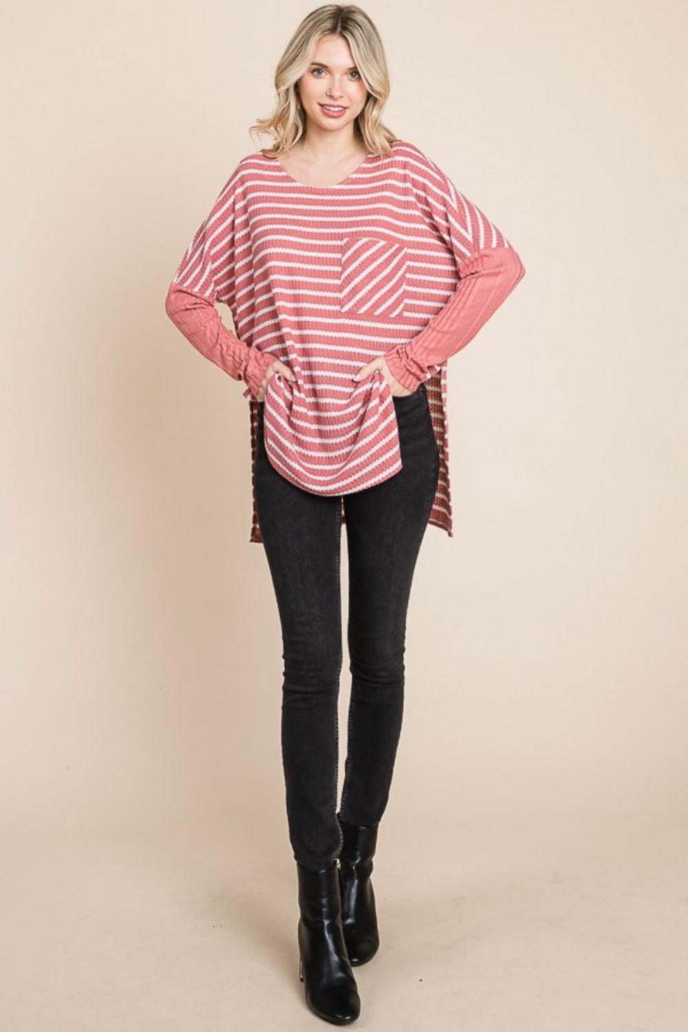 Culture Code Oversize Striped Round Neck Long Sleeve Slit T-Shirt Carauana Store