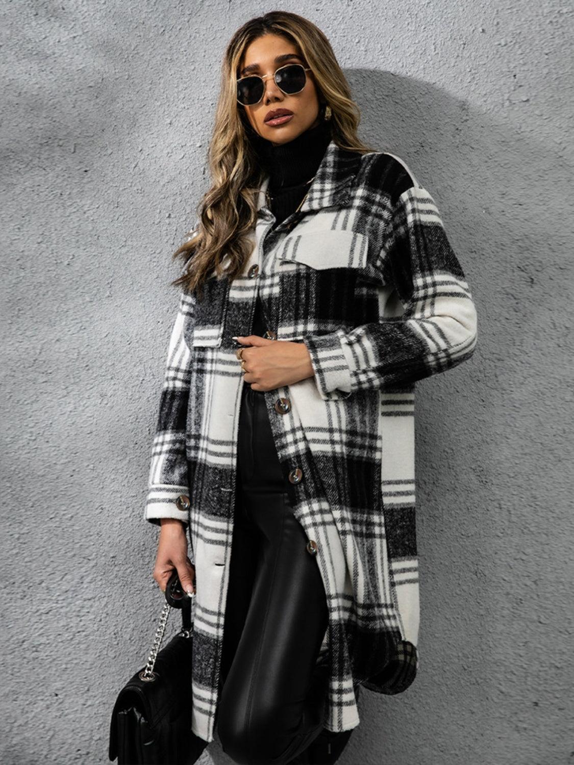 Plaid Collared Neck Long Sleeve Coat Carauana Store