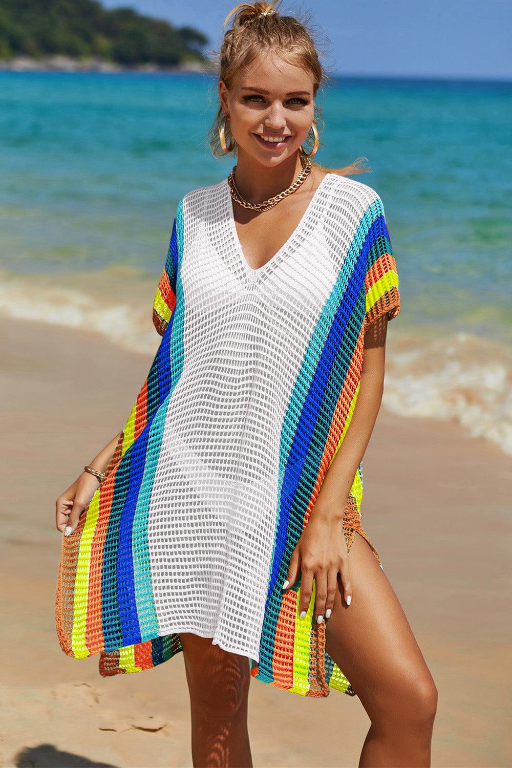 Double Take Openwork Striped Slit Knit Cover Up Carauana Store