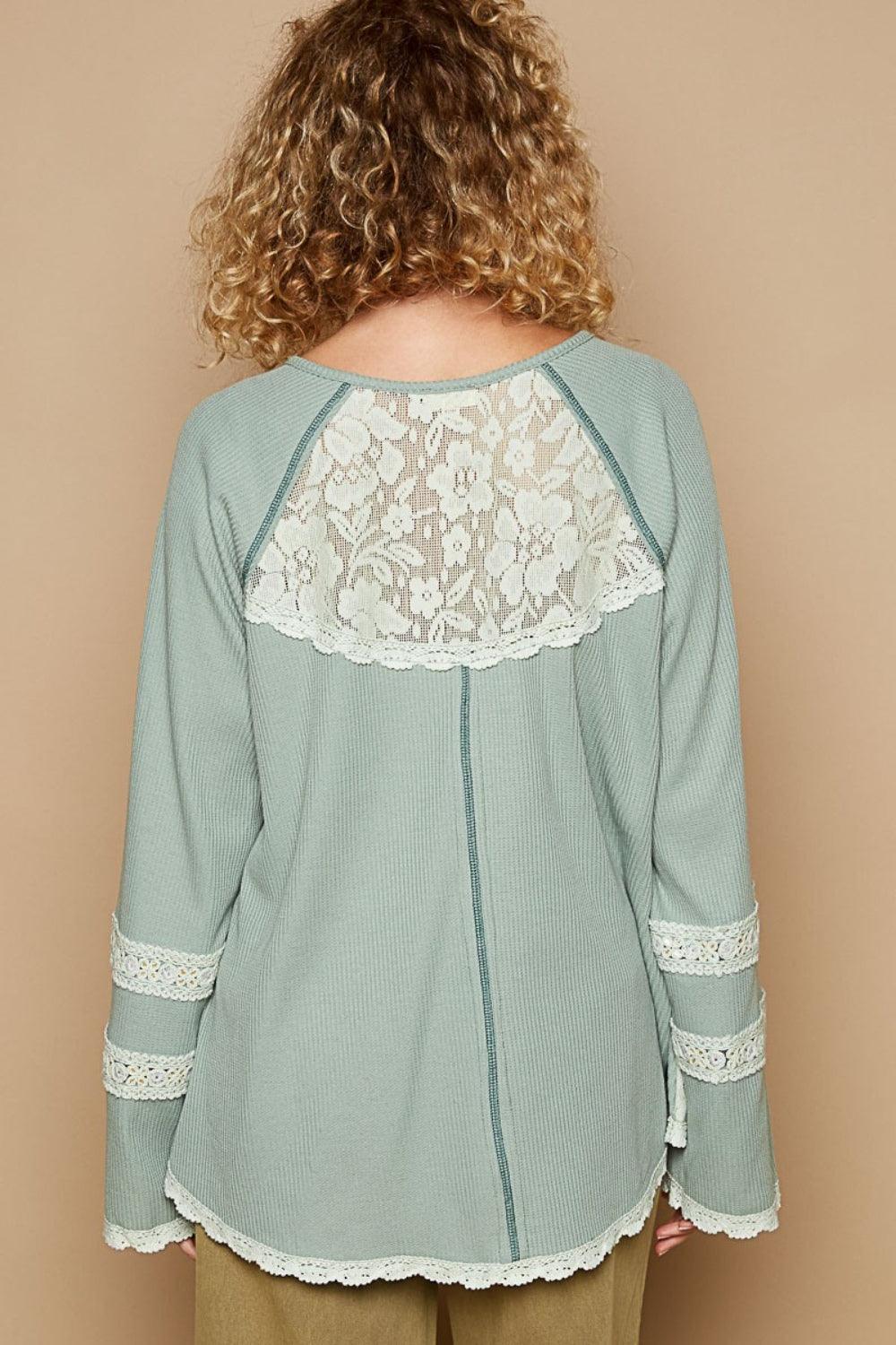 POL Round Neck Long Sleeve Lace Trim Thermal Top Carauana Store