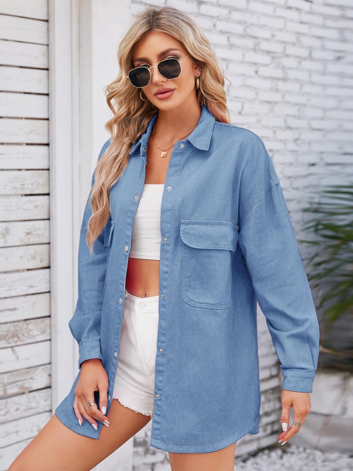 Pocketed Snap Down Dropped Shoulder Denim Shacket Carauana Store