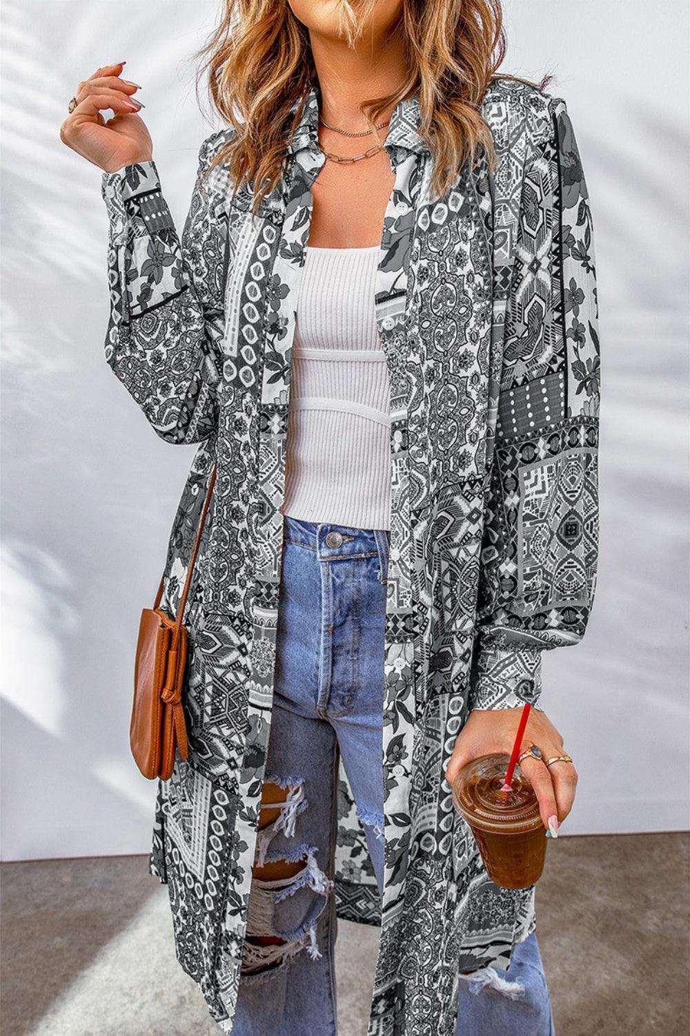 Printed Button Up Long Sleeve Cardigan Carauana Store
