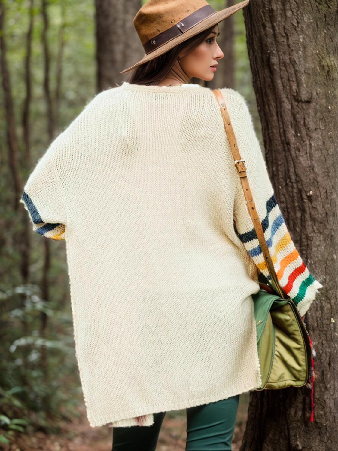 Striped Open Front Long Sleeve Cardigan Carauana Store