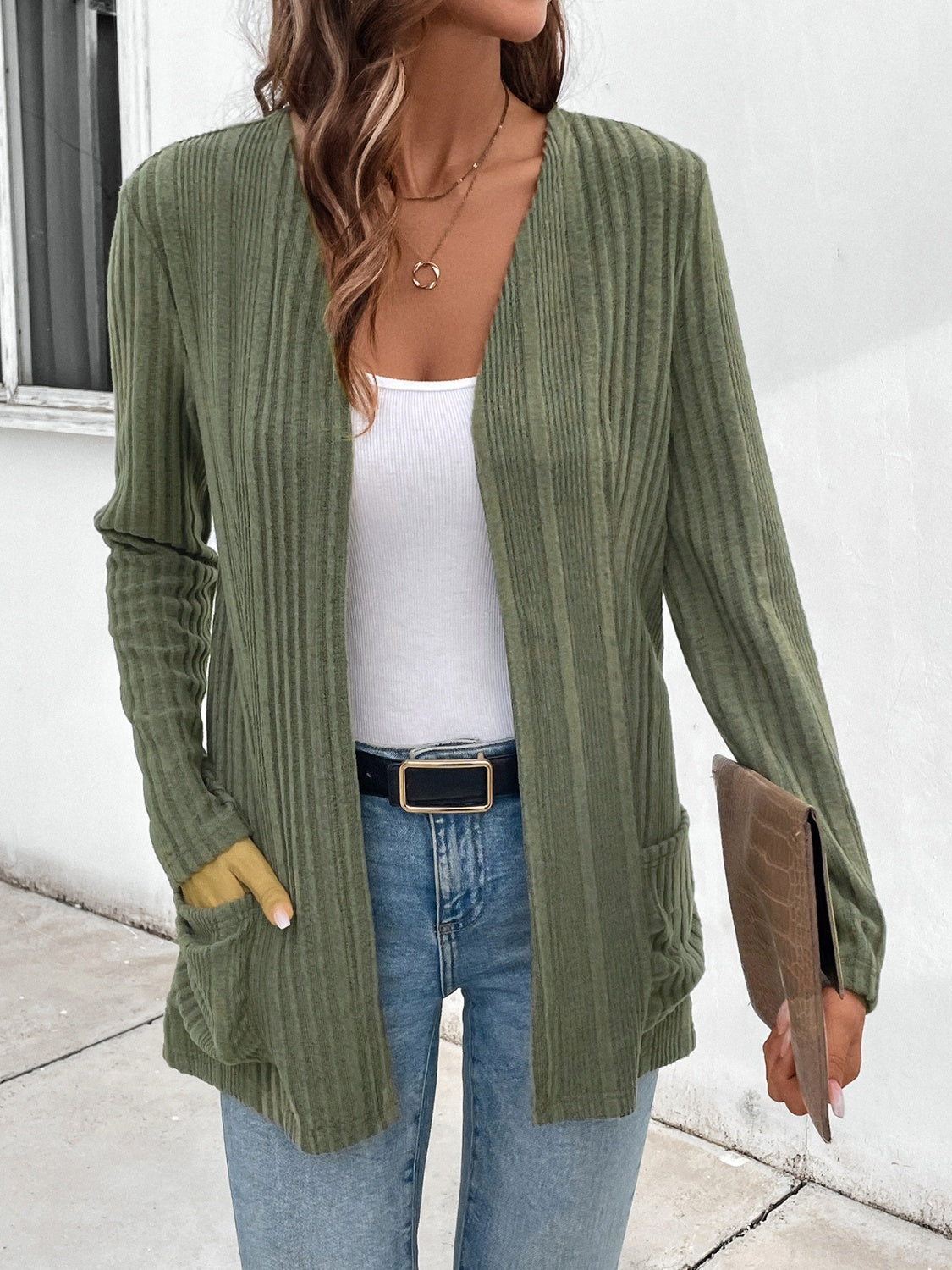 Pocketed Open Front Long Sleeve Cardigan Carauana Store