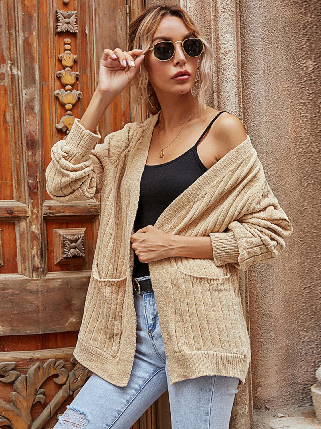 Ribbed Open Front Long Sleeve Cardigan Carauana Store
