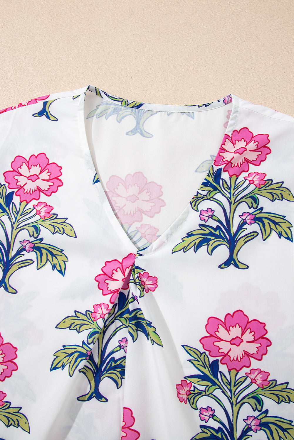 White Floral Colorblock Stripe Knot Bubble Sleeve V Neck Blouse