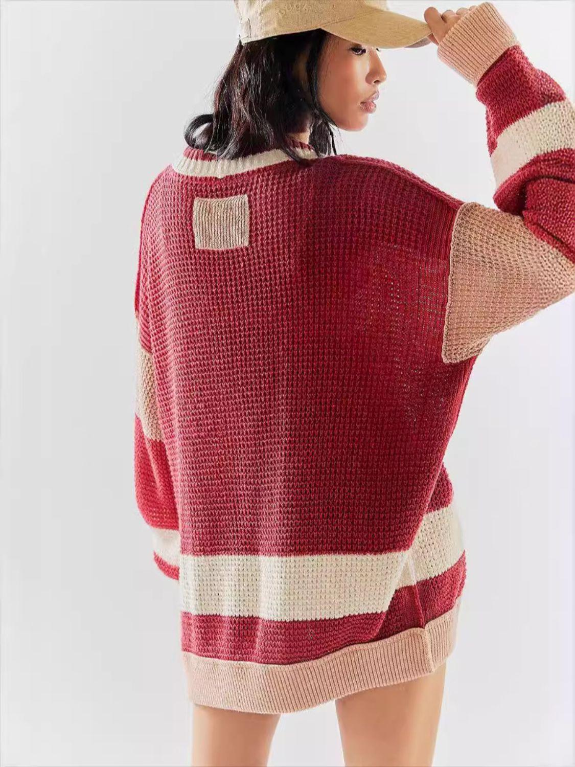 Pocketed Contrast V-Neck Long Sleeve Cardigan Carauana Store