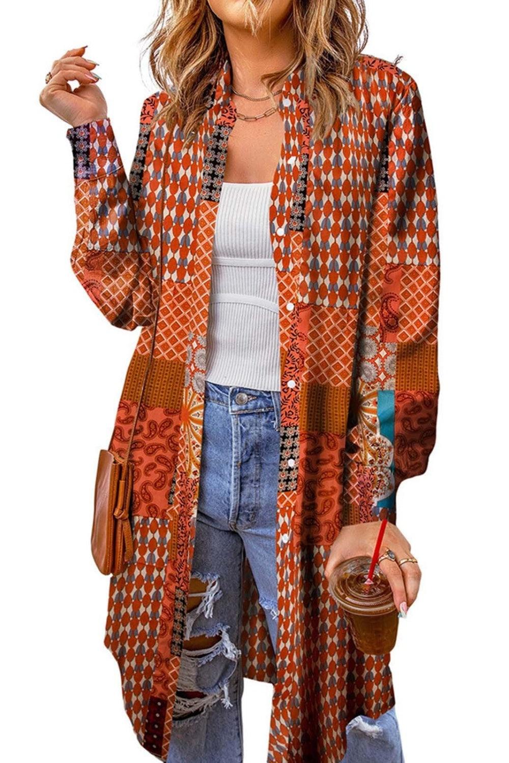 Printed Button Up Long Sleeve Cardigan Carauana Store