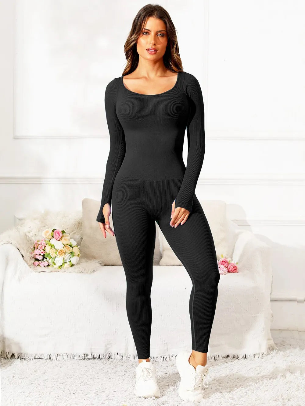 Scoop Neck Long Sleeve Active Jumpsuit Carauana Store