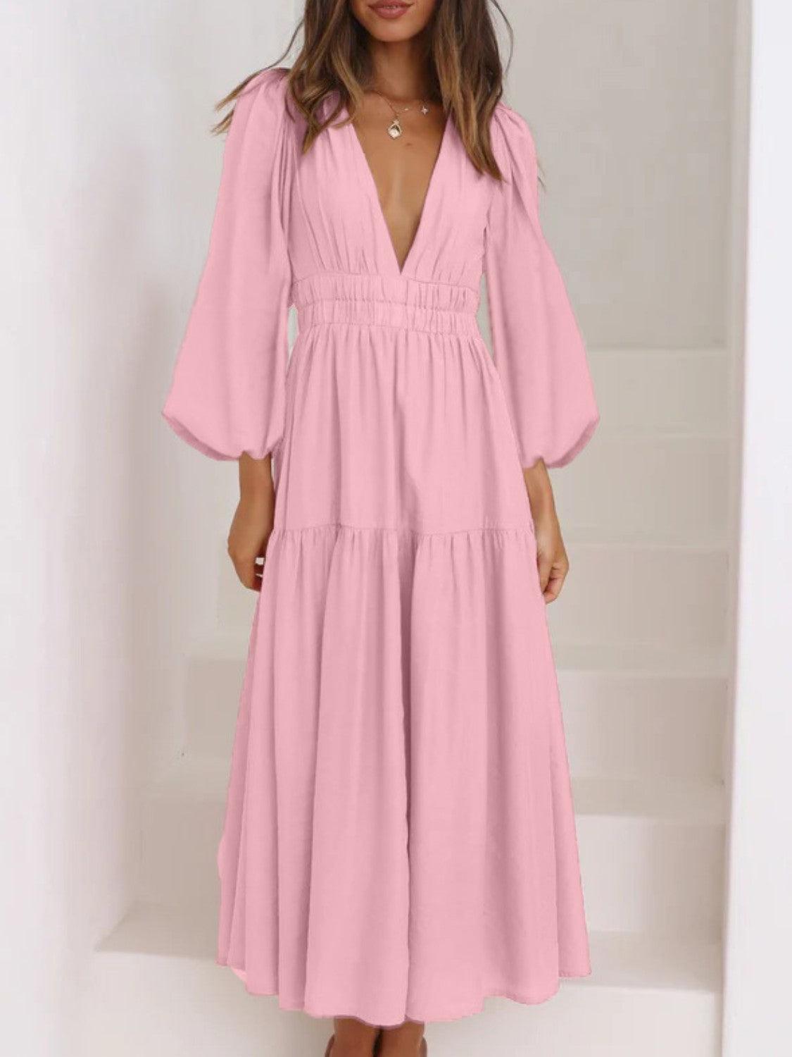 Deep V-Neck Balloon Sleeve Plain Maxi Dress Carauana Store
