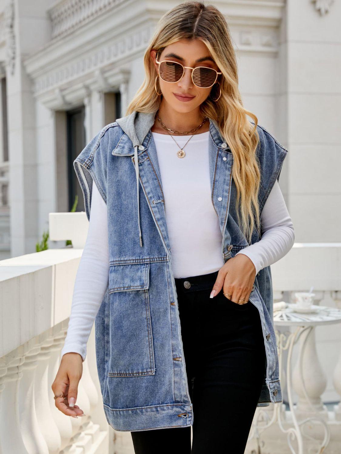 Hooded Sleeveless Denim Top with Pockets Carauana Store