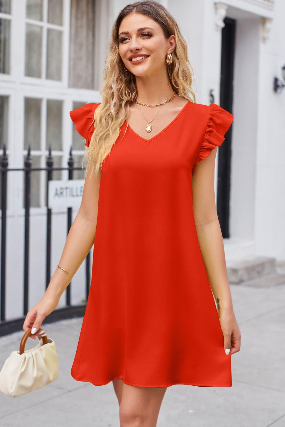 Ruffled V-Neck Flutter Sleeve Dress Carauana Store