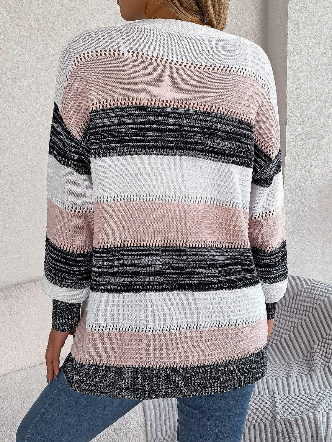 Openwork Striped Open Front Cardigan Carauana Store