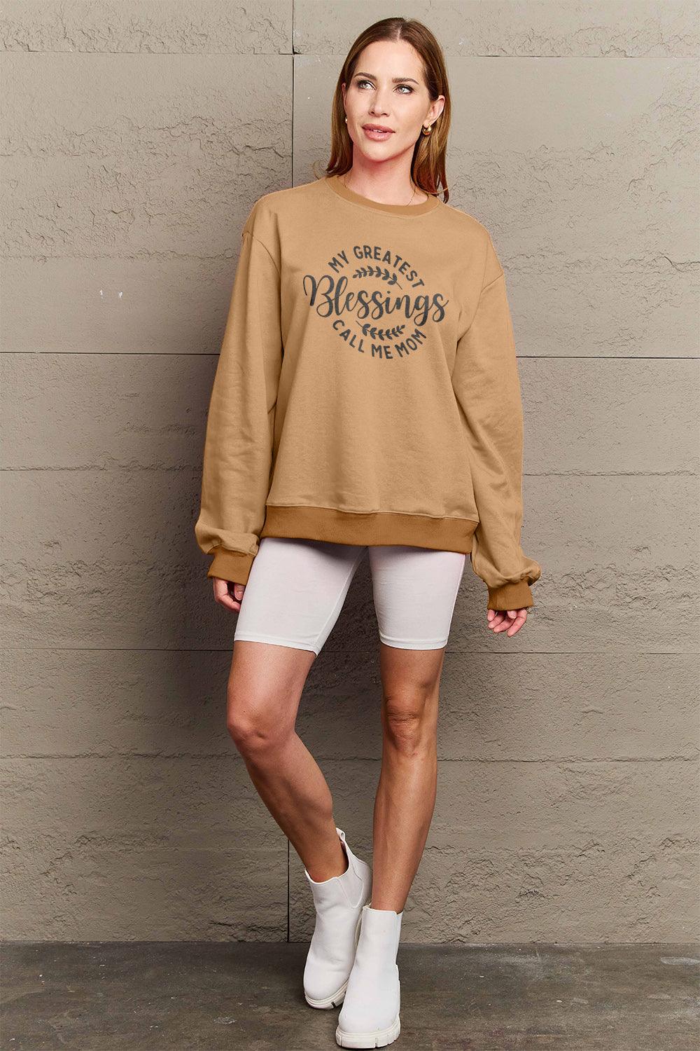Simply Love Full Size MY GREATEST BLESSINGS CALL ME MOM Round Neck Sweatshirt Carauana Store