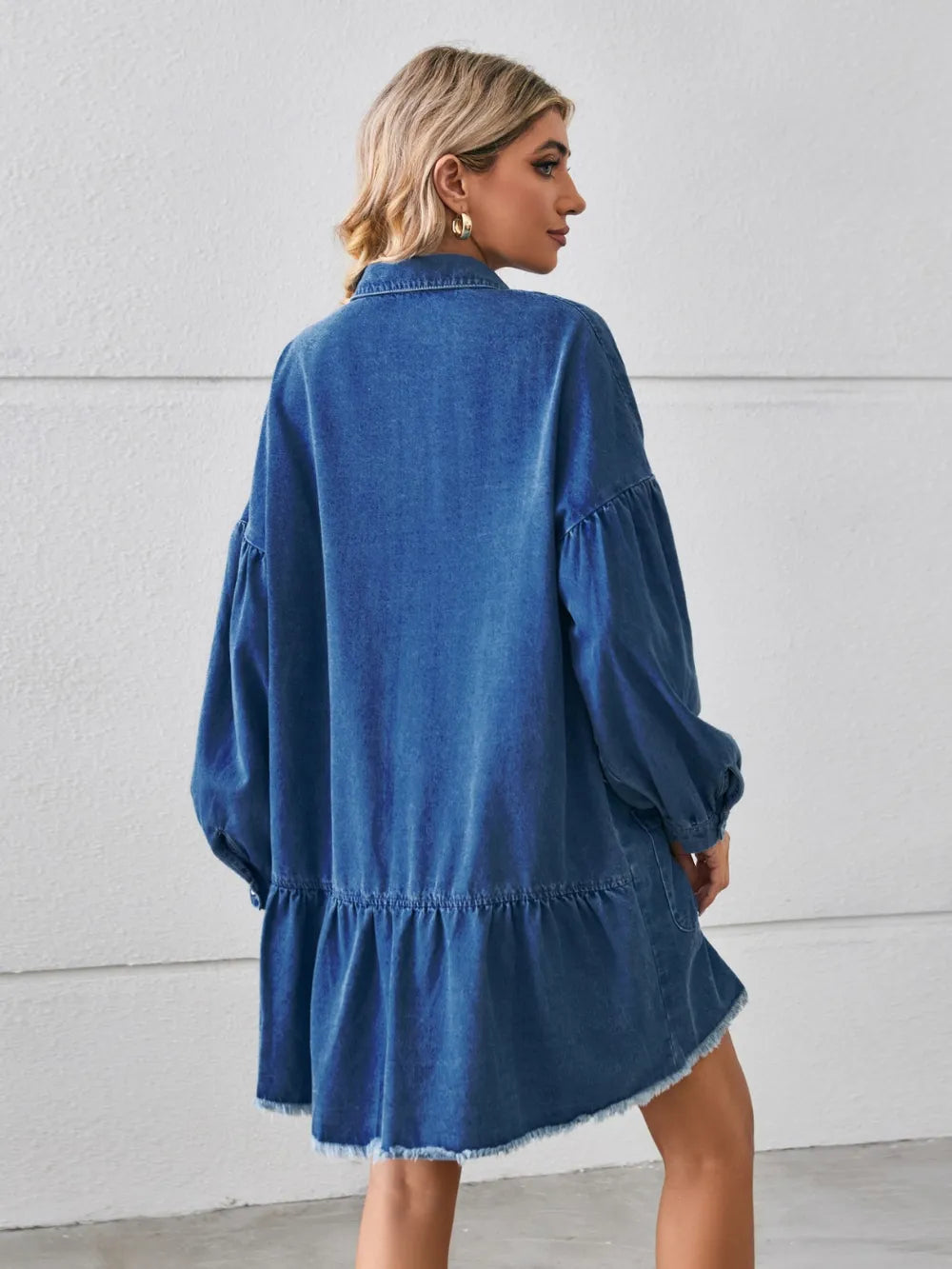 Button Up Pocketed Raw Hem Denim Dress Carauana Store