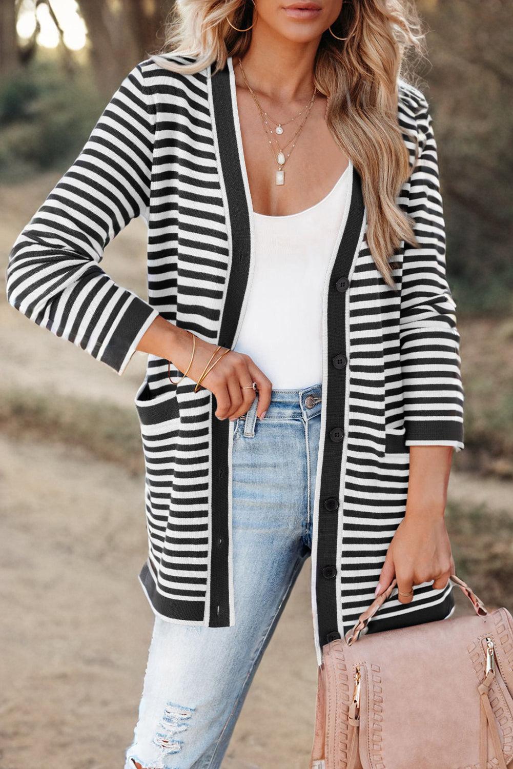 Striped Open Front Long Sleeve Cardigan Carauana Store