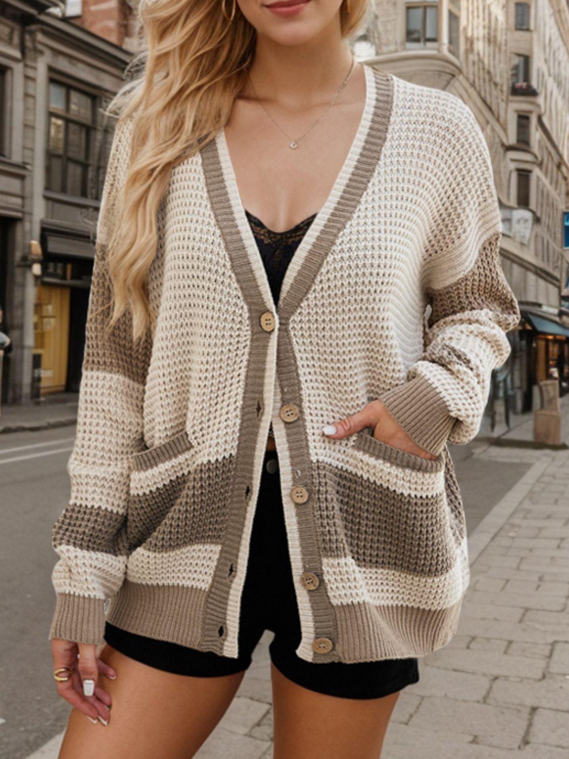 Contrast Button Up Long Sleeve Cardigan Carauana Store