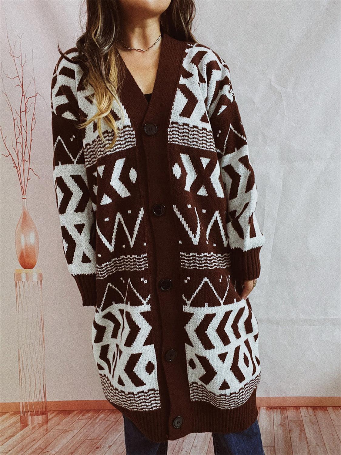 Geometric Button Front Longline Cardigan Carauana Store