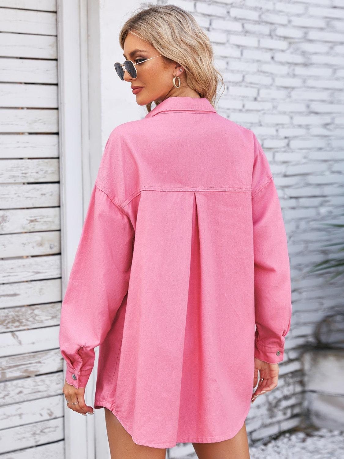 Pocketed Snap Down Dropped Shoulder Denim Shacket Carauana Store