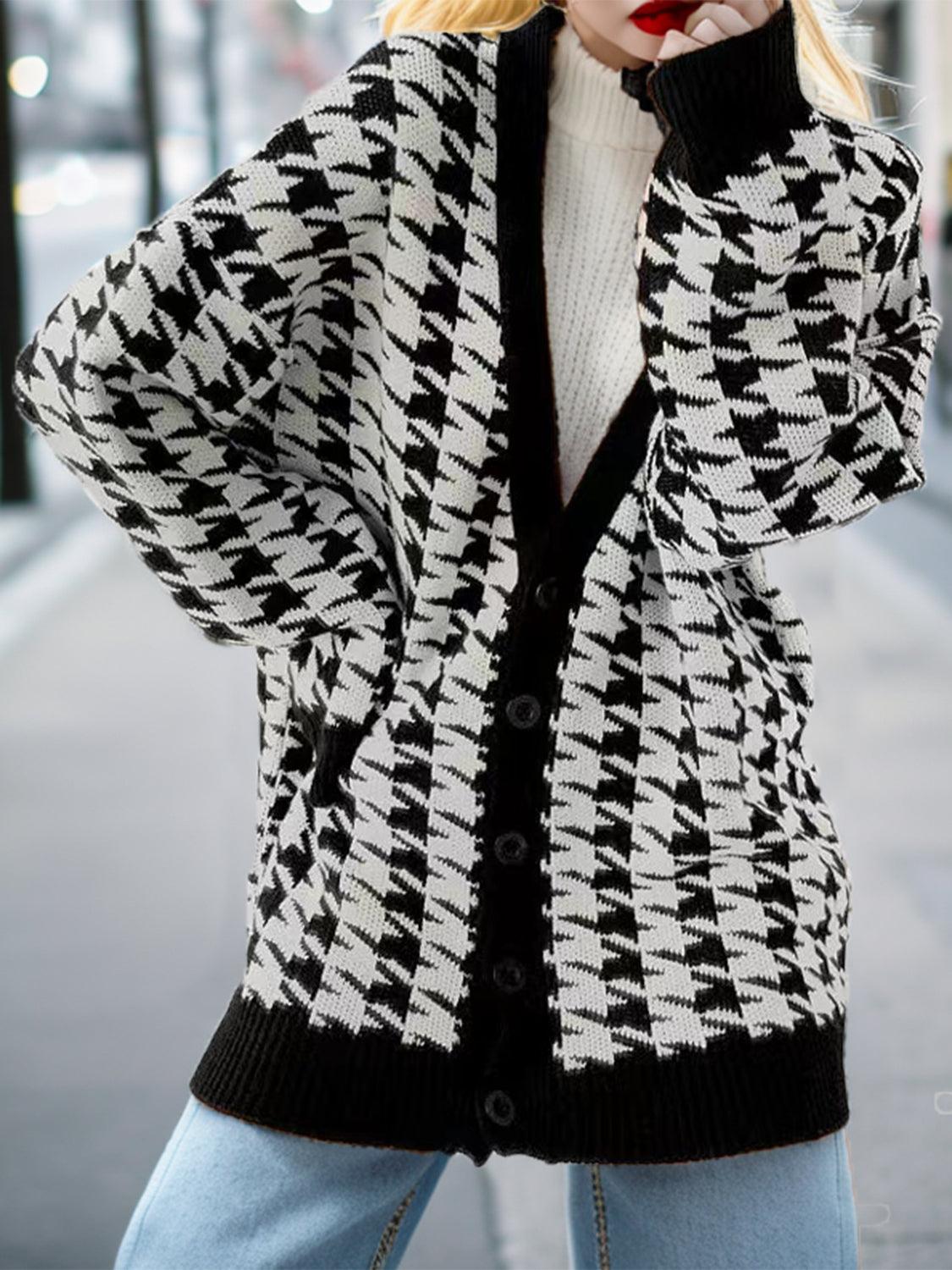 Houndstooth Button Up Long Sleeve Cardigan Carauana Store