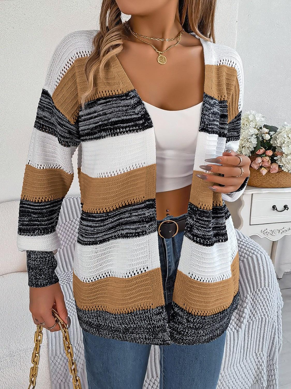 Openwork Striped Open Front Cardigan Carauana Store